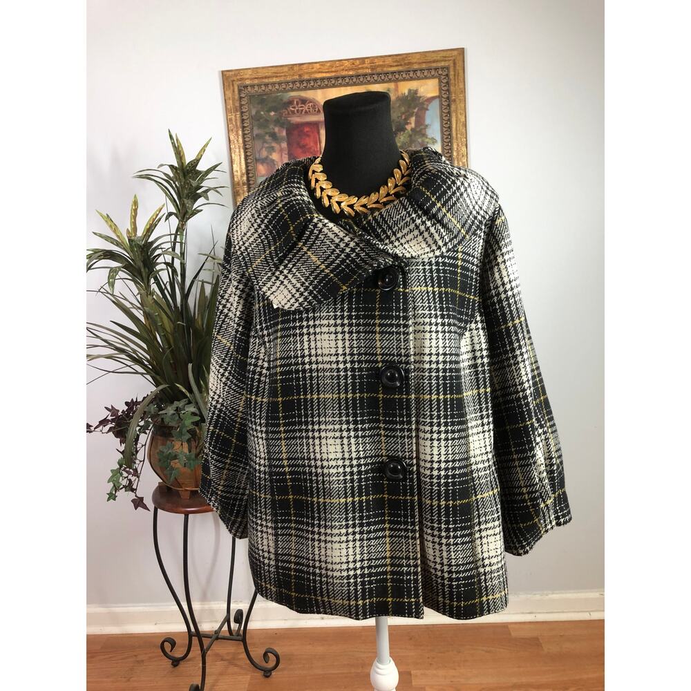 MoCéto Coat Women Plus‎ Size 20/22W Black White Yellow Plaid Wool Blend Jacket